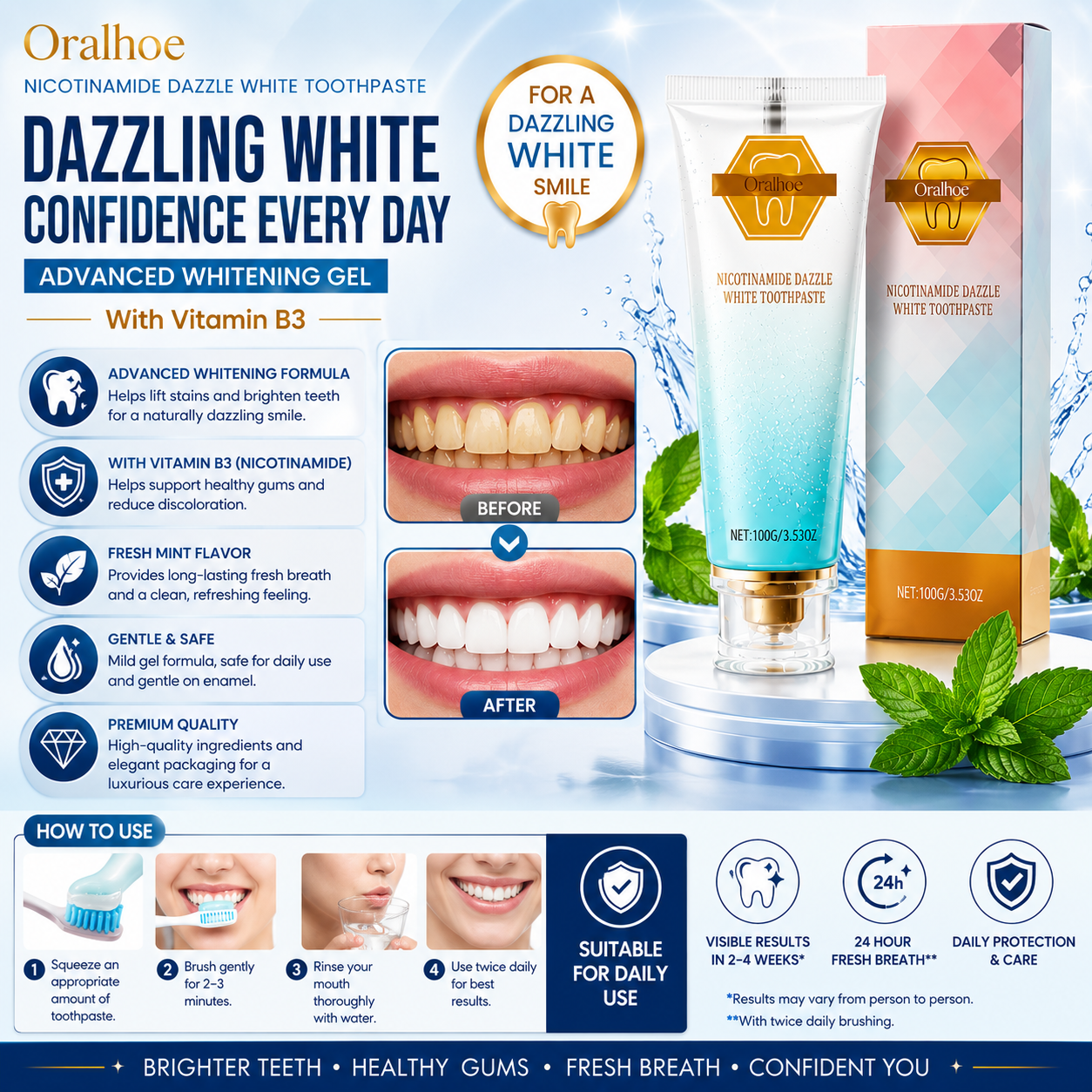 Nicotinamide Dazzle White Toothpaste – Advanced Whitening Gel with Vitamin B3 | Fresh Mint | 100g