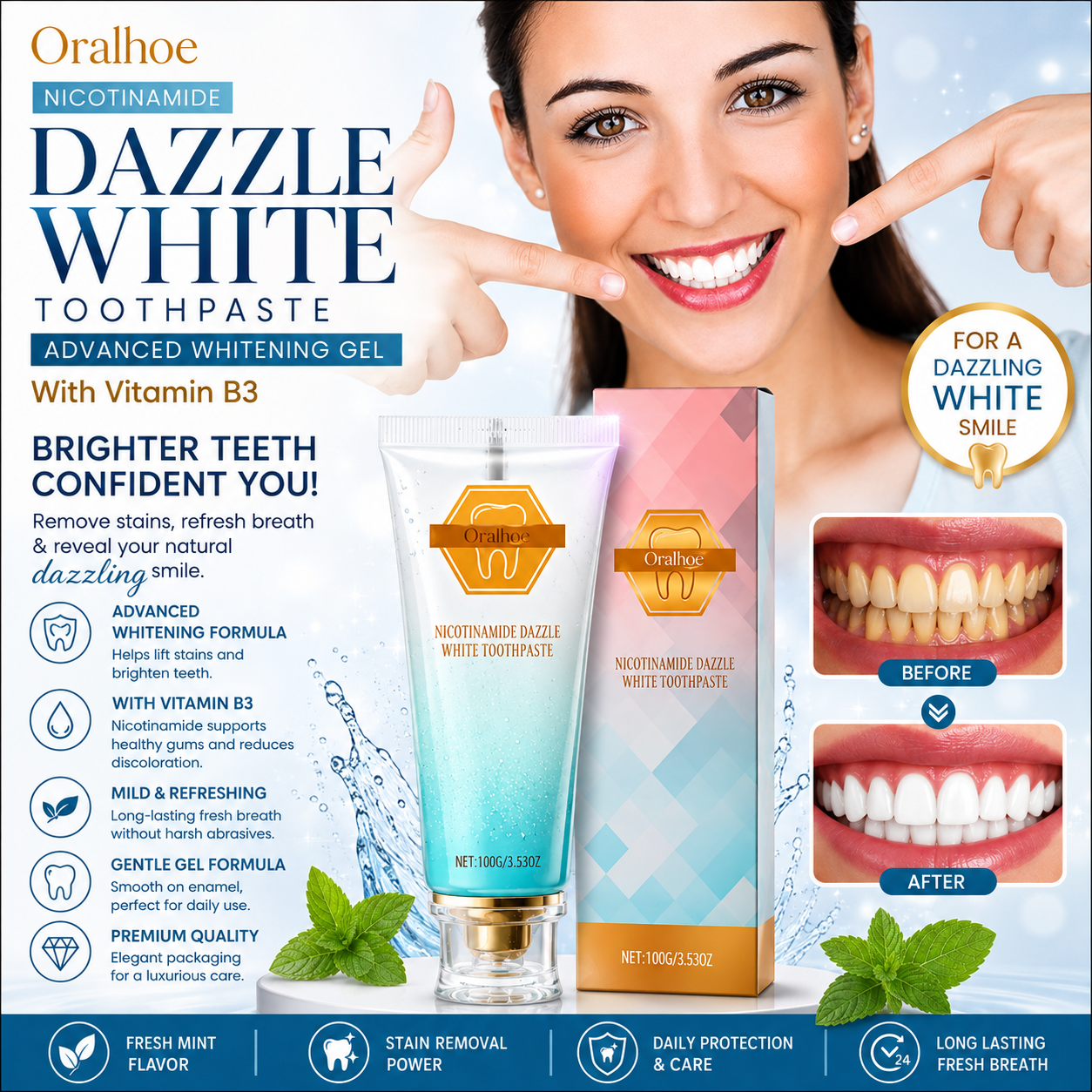 Nicotinamide Dazzle White Toothpaste – Advanced Whitening Gel with Vitamin B3 | Fresh Mint | 100g