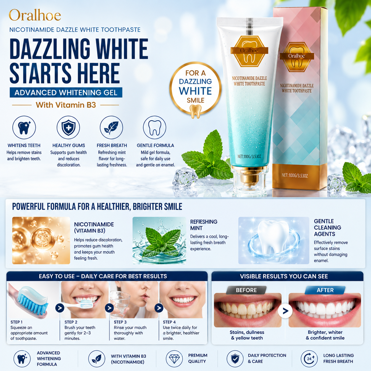 Nicotinamide Dazzle White Toothpaste – Advanced Whitening Gel with Vitamin B3 | Fresh Mint | 100g