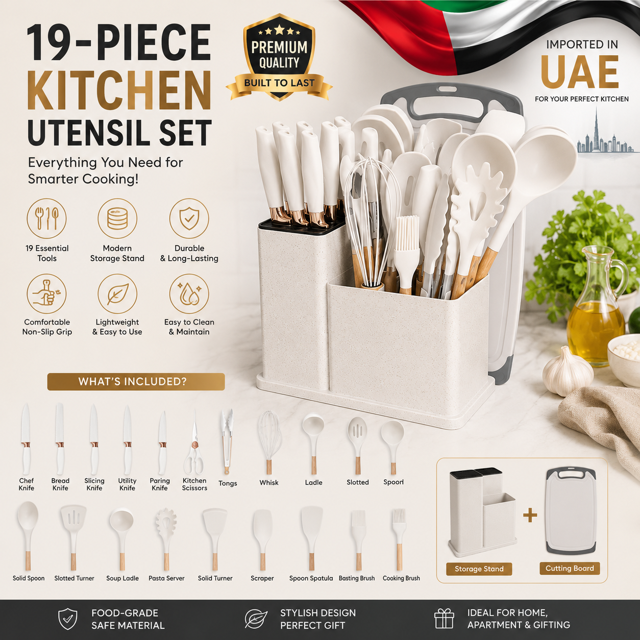 19 PCS Premium Knife & Kitchen Utensil Set with Storage Stand & Cutting Board