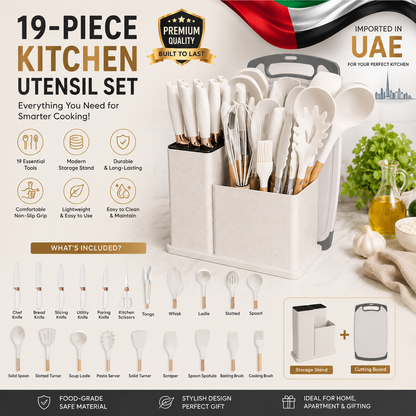 19 PCS Premium Knife & Kitchen Utensil Set with Storage Stand & Cutting Board