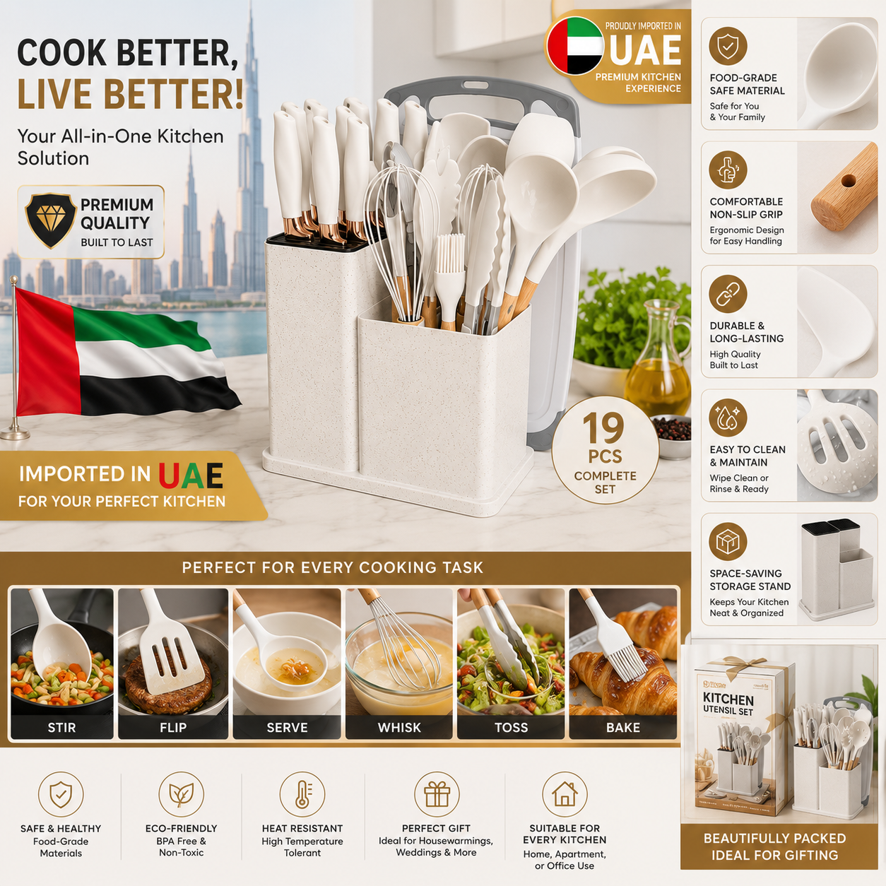 19 PCS Premium Knife & Kitchen Utensil Set with Storage Stand & Cutting Board