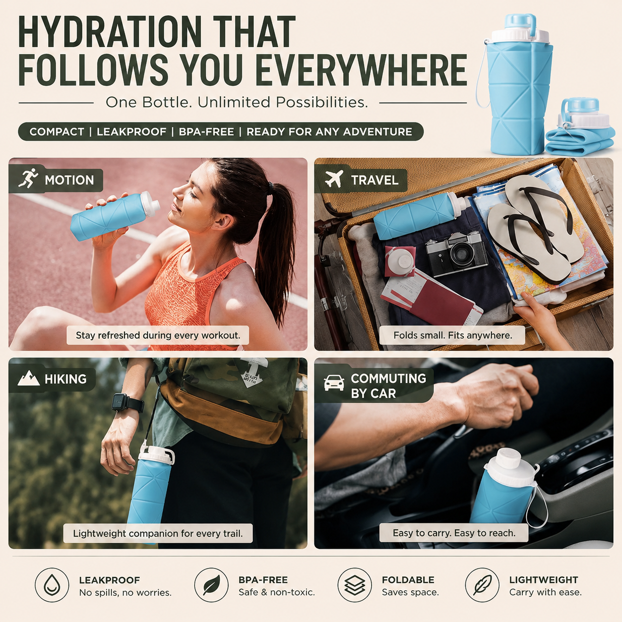 Multi-Function Foldable Water Bottle | Leakproof | BPA-Free | Travel & Outdoor Use
